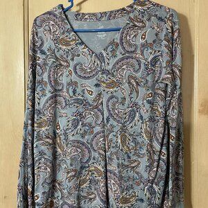 J.Jill Simply Supima V-Neck Tunic Long Sleeve Gray Paisley